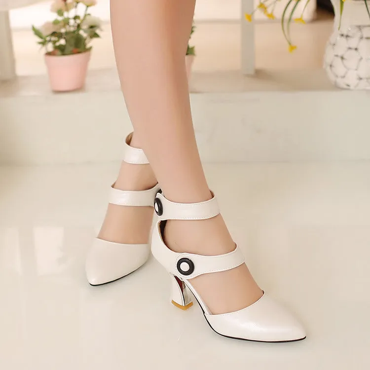 Women's Pointed Toe Double Ankle Strap Metal Decor Chunky Heel Sandals
