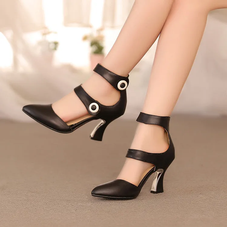 Women's Pointed Toe Double Ankle Strap Metal Decor Chunky Heel Sandals