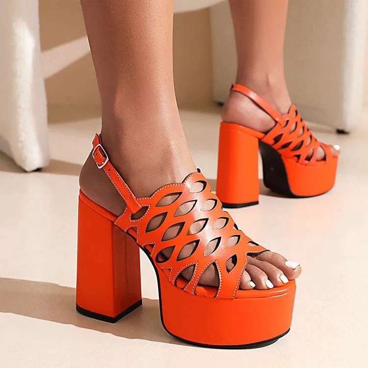 Women's Snake Printed Hollow Out Thick Sole Block Heel Platform Sandals