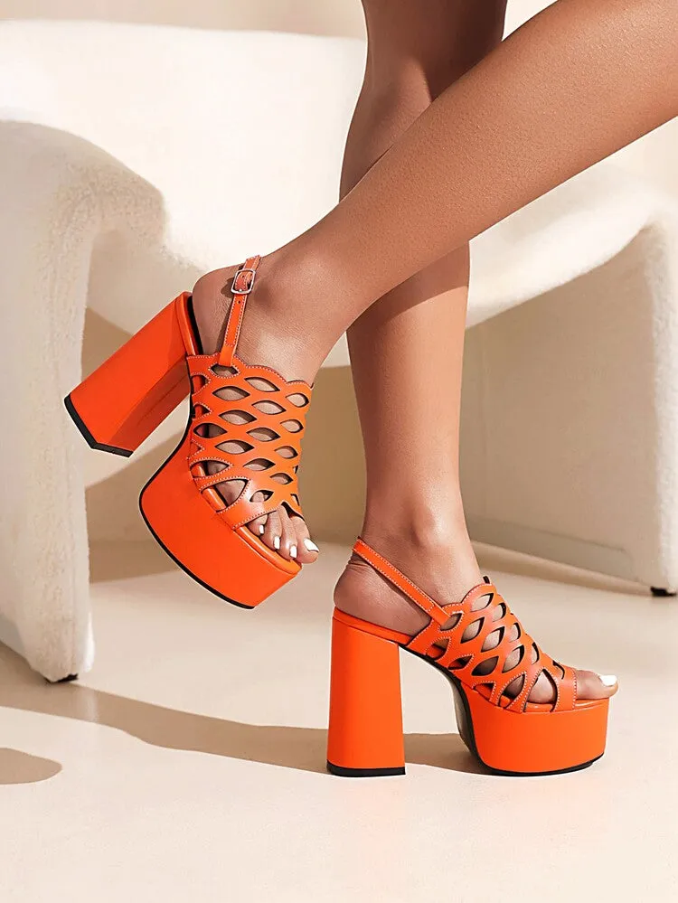 Women's Snake Printed Hollow Out Thick Sole Block Heel Platform Sandals