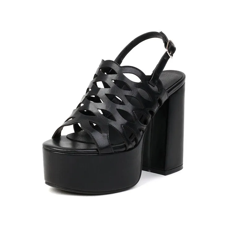 Women's Snake Printed Hollow Out Thick Sole Block Heel Platform Sandals