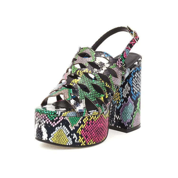 Women's Snake Printed Hollow Out Thick Sole Block Heel Platform Sandals
