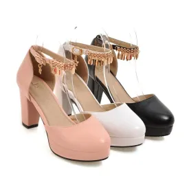 Women's Solid Color Round Toe Metal Decor Ankle Strap Chunky Heel Platform Sandals